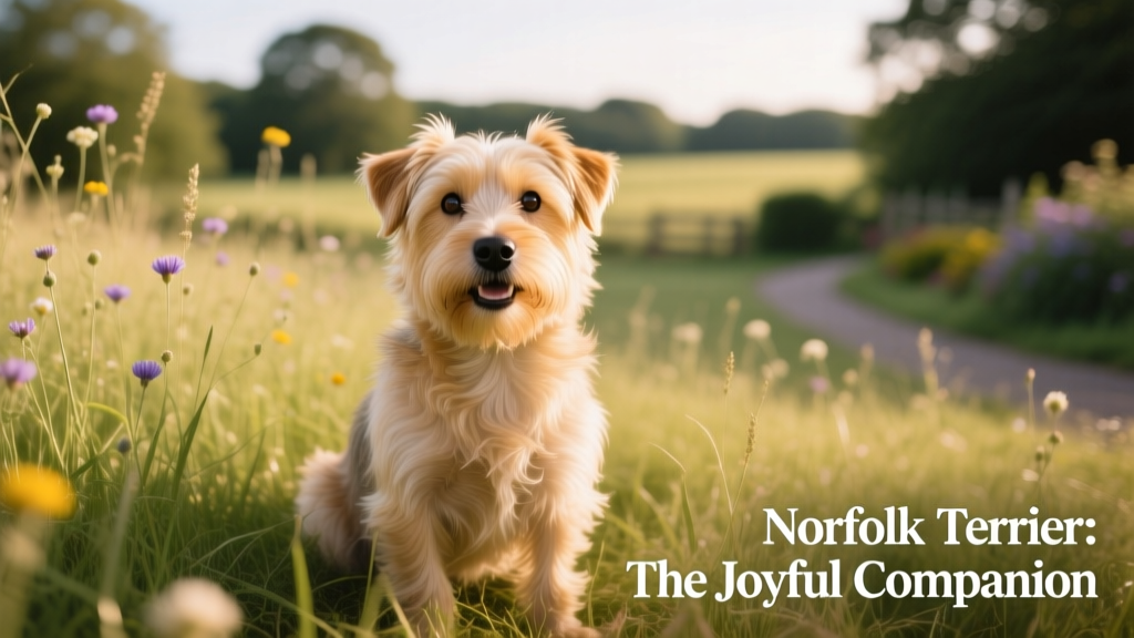 Blonde norfolk terrier happily sits in tall grass