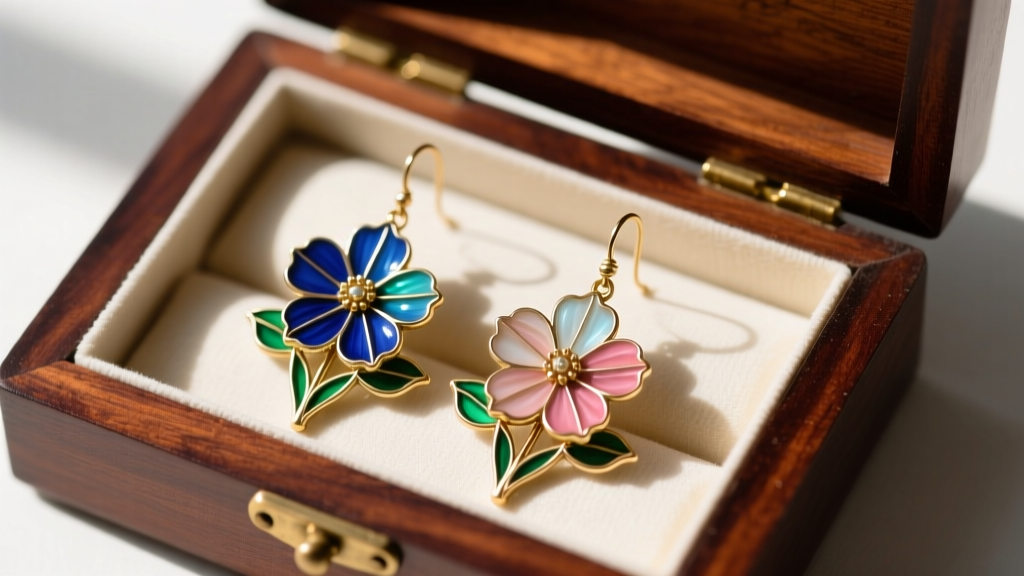 Overhead view of vintage plique-à-jour floral earrings stored in acid-free tissue inside a lined mahogany wooden jewelry box.