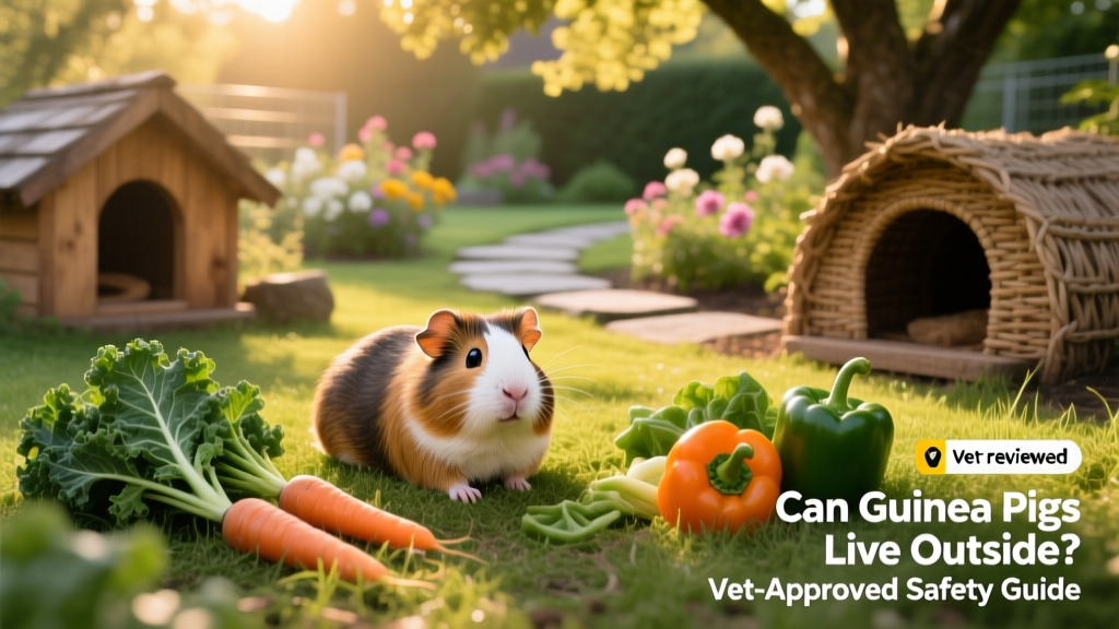 A guinea pig enjoying supervised time in a grassy, shaded outdoor run with hideouts and fresh vegetables