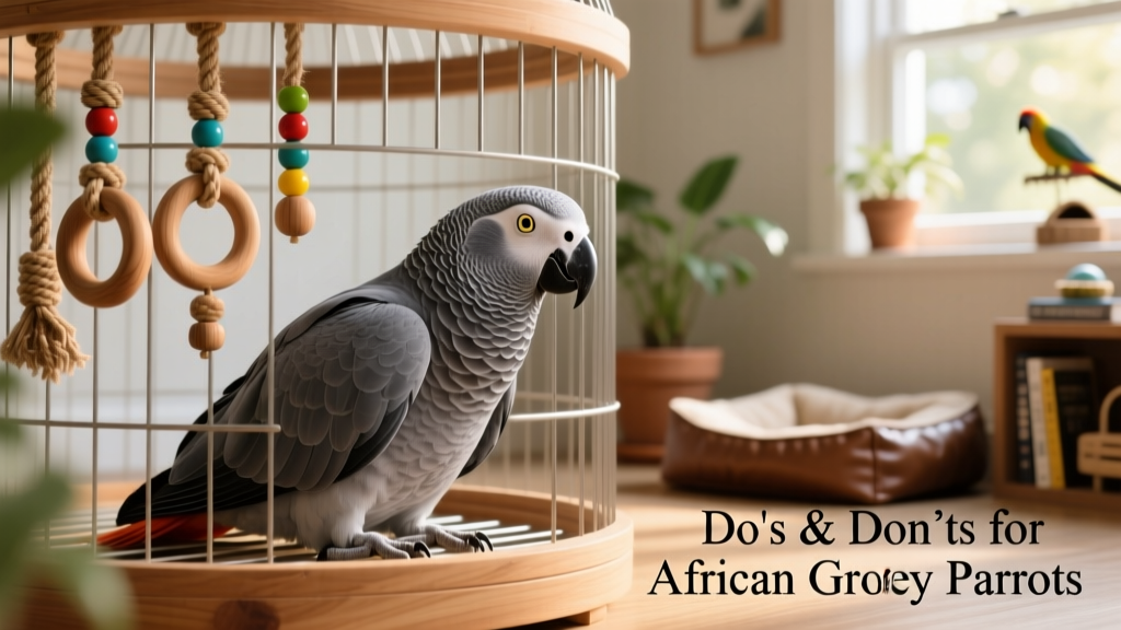 African grey parrot calmly resting inside a partially covered cage, nestled behind hanging toys that form a soft visual barrier