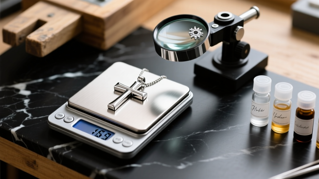 Jeweler workbench with digital scale weighing a solid platinum horizontal cross pendant next to a jeweler loupe and testing acids.