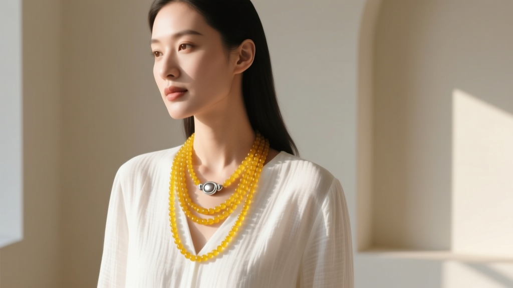 Woman wearing a multi-strand lemon amber bead necklace with a silver clasp, styled with a white linen blouse in soft daylight.