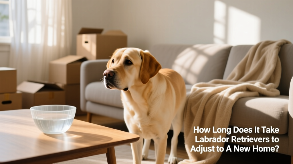 A calm, curious Labrador Retriever exploring a sunlit living room with a soft blanket and water bowl nearby