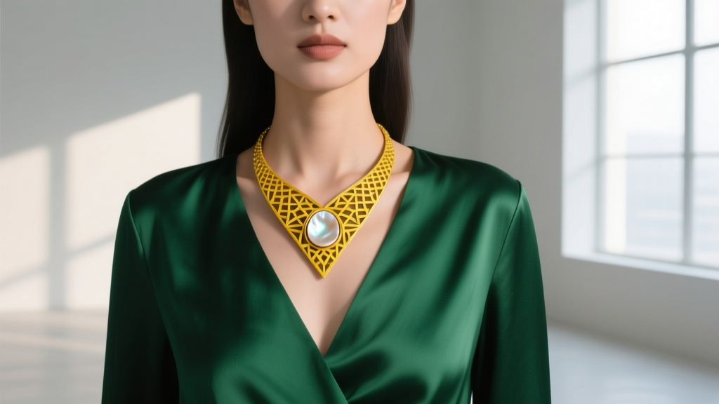 A woman wearing a yellow gold VCA guilloche necklace with a mother-of-pearl inlay, paired with a deep V-neck silk evening blouse.