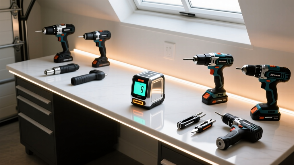 Overhead view of a smart home garage workbench with LED smart lighting strips illuminating a digital laser measure and cordless power tools