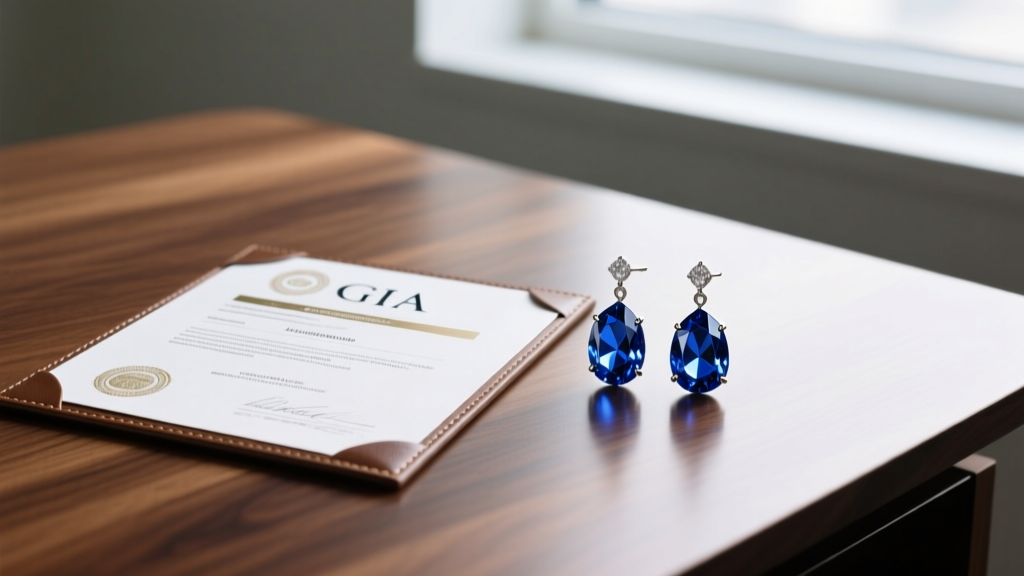 A GIA gemological laboratory certificate placed beside a pair of royal blue sapphire drop earrings on a polished wooden desk.