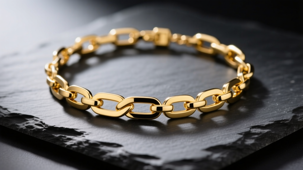 Solid 14k yellow gold Figaro necklace on dark slate showing the three-small-one-long link pattern under soft studio lighting.