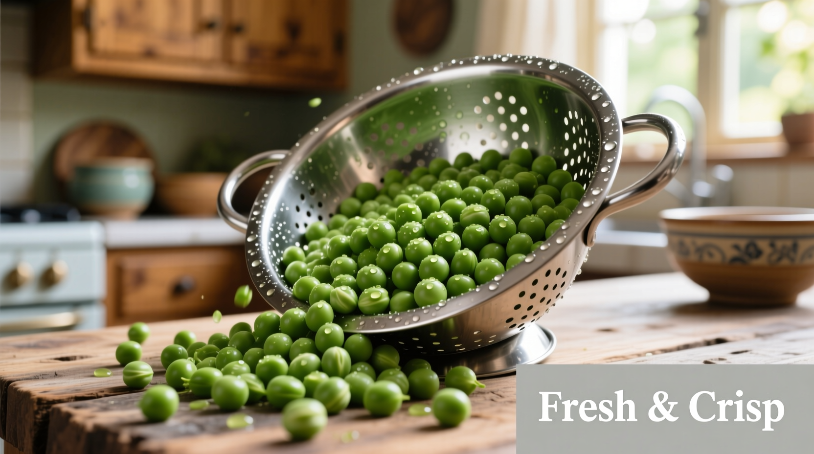 Fresh green peas in a colander