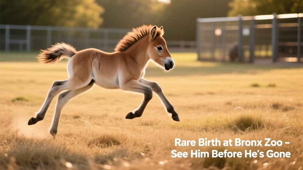 Przewalski's horse foal playfully leaping in open field