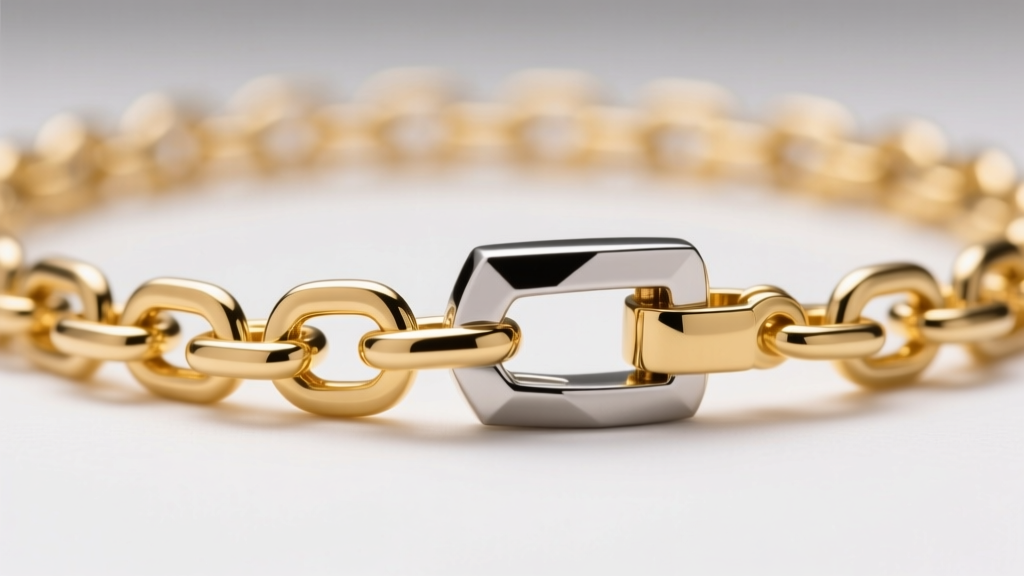 Macro shot of a 14k gold Doms necklace chain and steel clasp, showing warm yellow hues against cool silver tones in bright light.