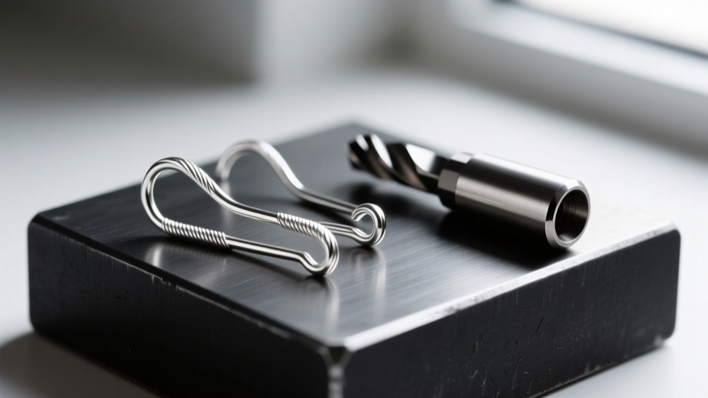 Macro shot of freshly cut 20-gauge half-hard sterling silver ear wires resting on a black steel bench block next to a cup burr tool.