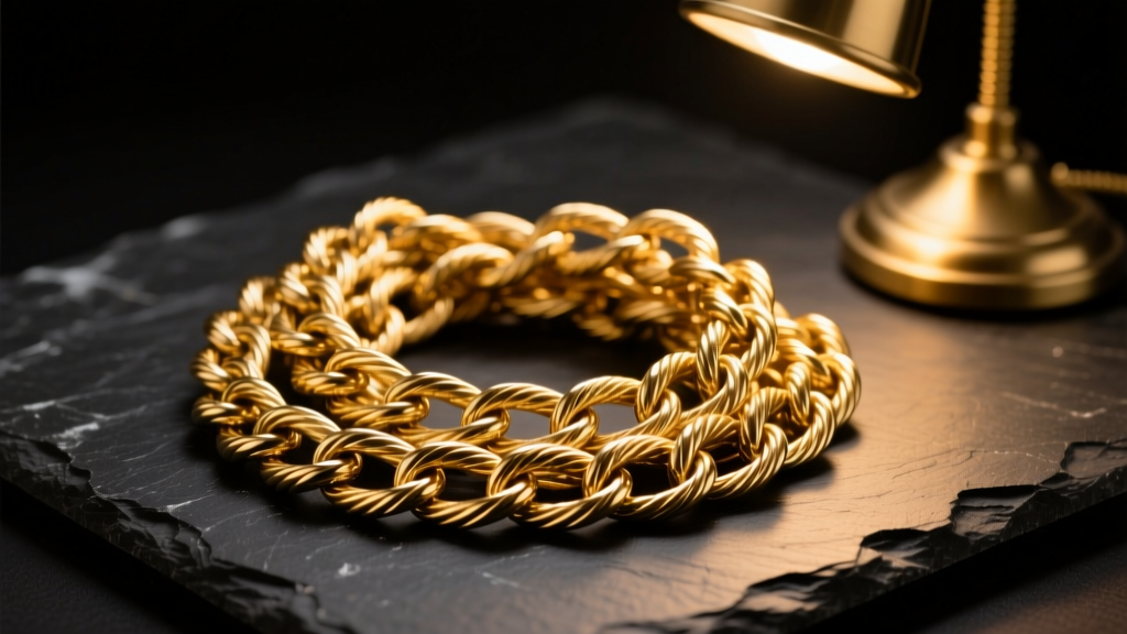 Tangled 14k gold cable chain on dark slate, illuminated by a warm desk lamp highlighting the intricate metal links and tight knots.