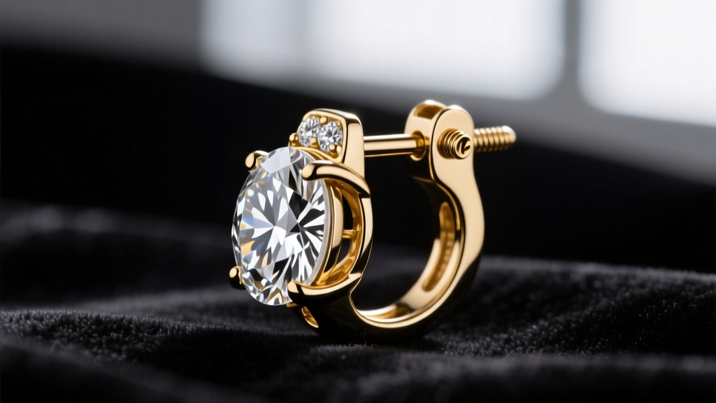 Close-up of a heavy large diamond earring featuring a secure screw-back post and an omega clip support mechanism on dark velvet.