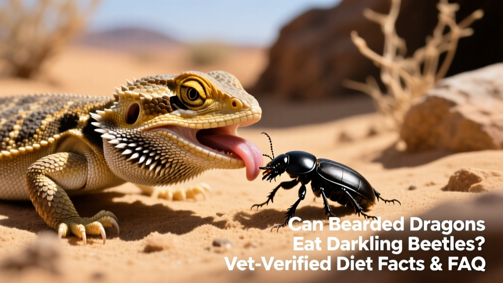 A bearded dragon eating a darkling beetle under natural lighting