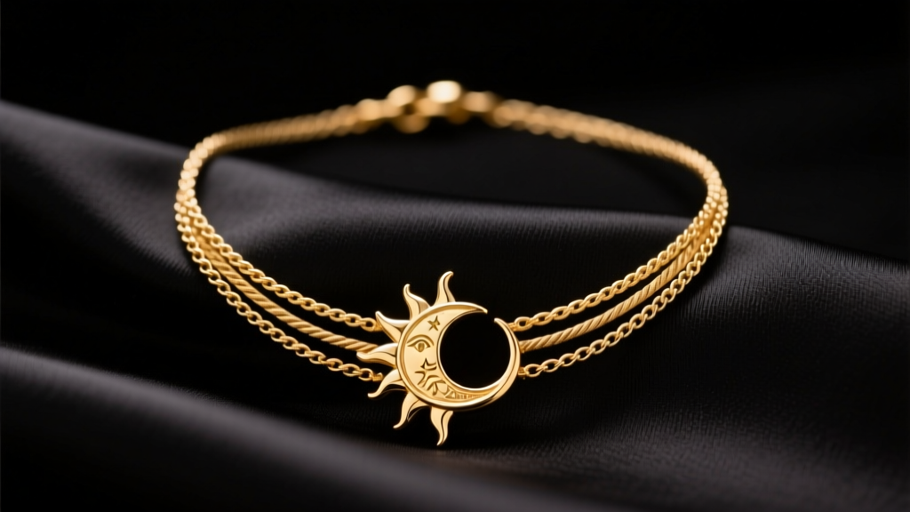 Layered 14k gold sun and moon necklace set on black silk, showing celestial engravings and cable chains in warm studio light.