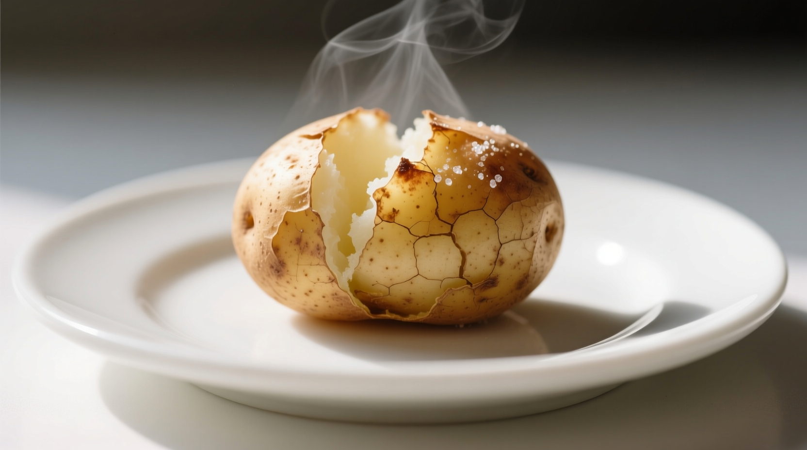 Small baked potato with skin on white plate