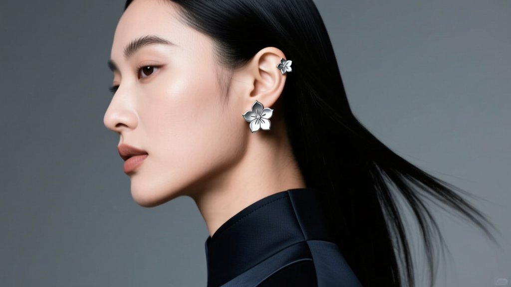 Side profile of a model in dark techwear showcasing subtle, minimalist metal Hanafuda stud earrings under soft studio lighting