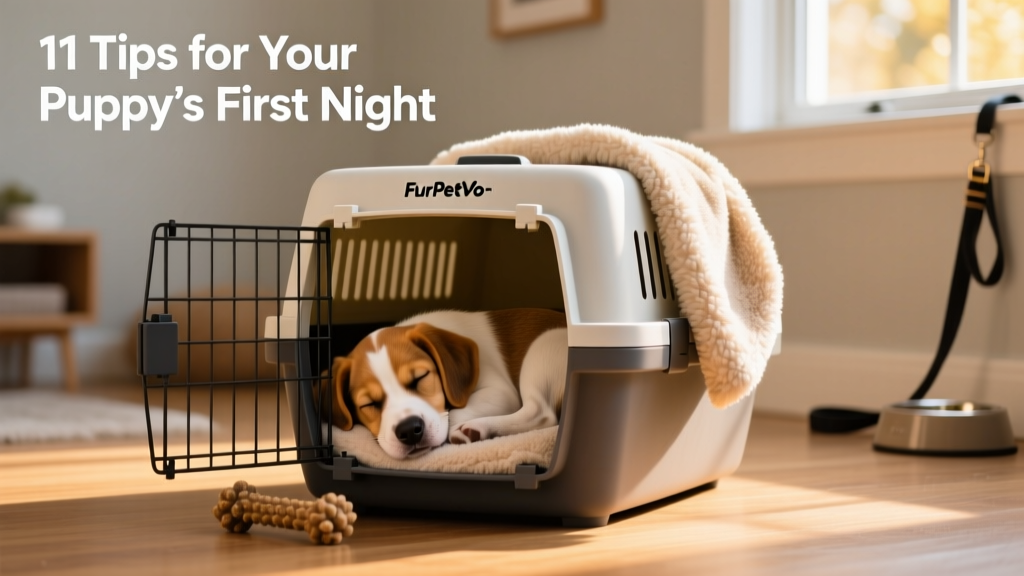A happy, relaxed puppy curled up asleep in a FurPetVo-branded crate with a soft blanket and a chew toy nearby