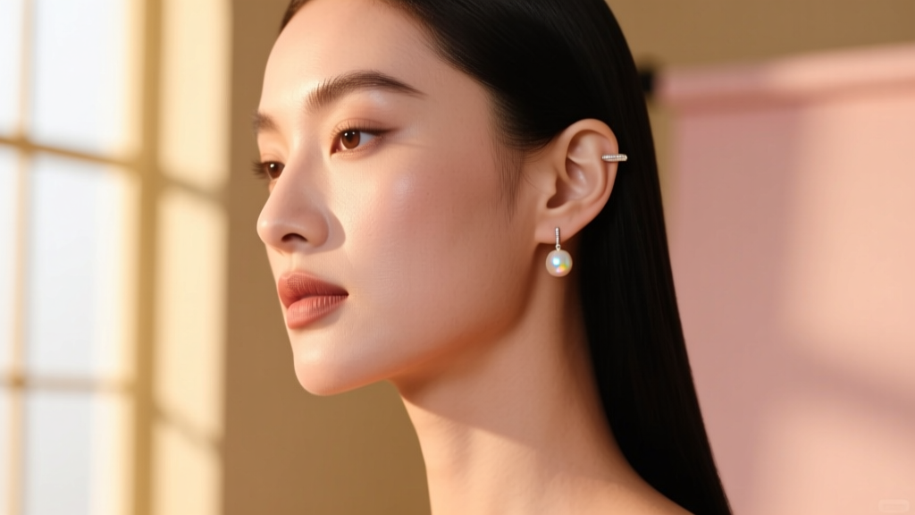 Model profile wearing a dainty pearl ear cuff and 5mm drop earring against a softly blurred warm studio background, editorial.
