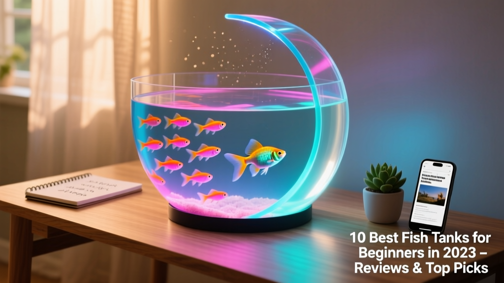 A sleek, modern half-moon acrylic aquarium on a desk, glowing softly with colorful LED lights