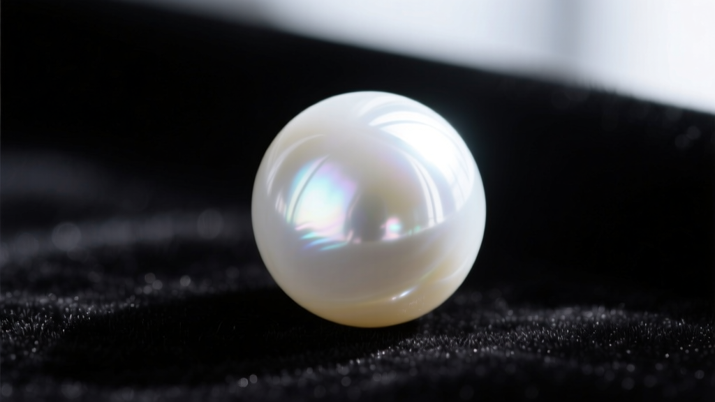 Macro shot of a 15mm white South Sea pearl on black velvet, showing intense mirror luster and a thick unblemished nacre surface