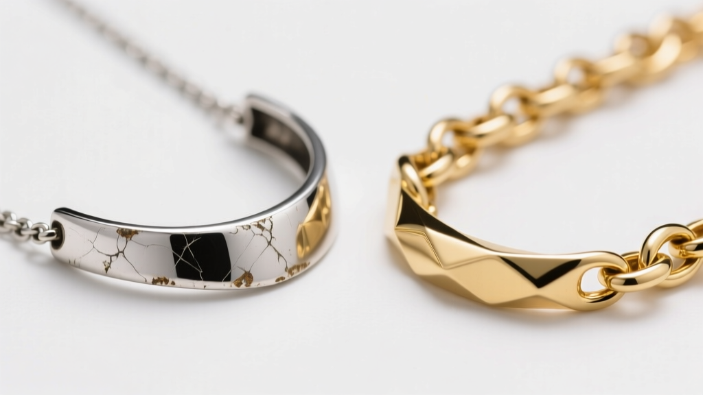 Macro comparison of a worn flash-plated silver necklace and a pristine gold vermeil chain under bright, neutral studio lighting.