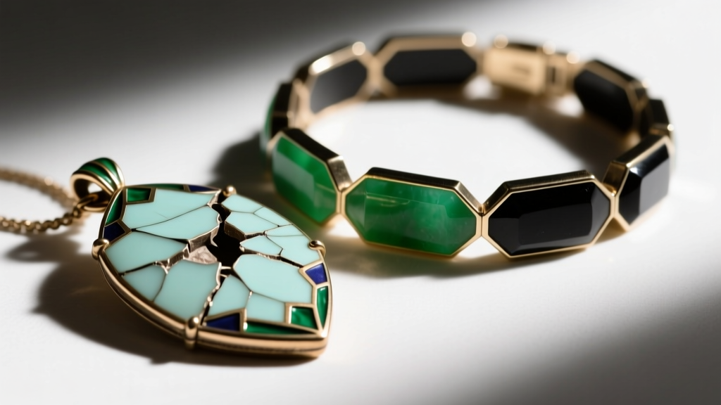 Macro shot of damaged guilloché enamel Art Deco pendant with chips next to a perfectly preserved jade and onyx geometric bracelet
