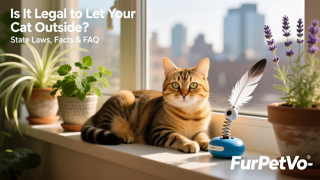 A calm, healthy-looking tabby cat resting on a sunny windowsill lined with cat-safe plants and a nearby FurPetVo-branded interactive toy