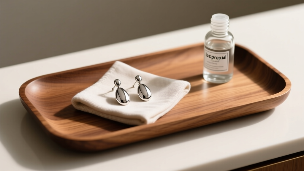 Wooden vanity tray displaying polished silver drop earrings, a folded microfiber cloth, and a small bottle of isopropyl alcohol.