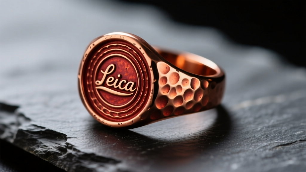Macro shot of a textured red brass signet ring on dark slate, highlighting the rich copper patina and intricate hammered details