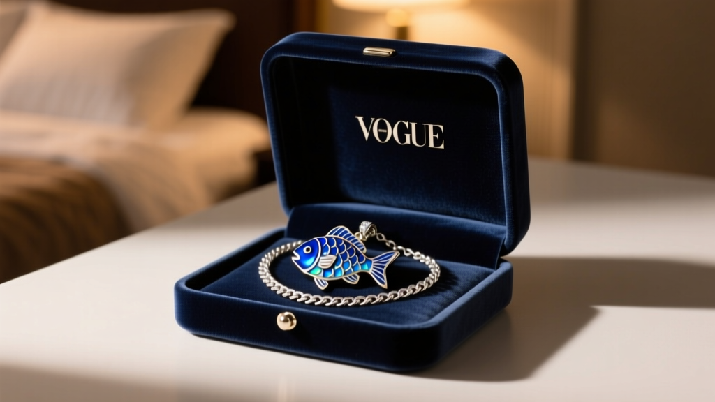 Open anti-tarnish velvet box holding a coiled chain and an enameled blue fish pendant, illuminated by warm ambient bedroom light.