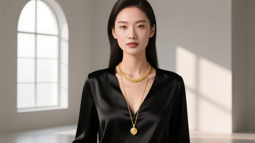 Woman wearing an 18-inch princess length gold pendant necklace over a black V-neck silk blouse, soft natural window lighting.