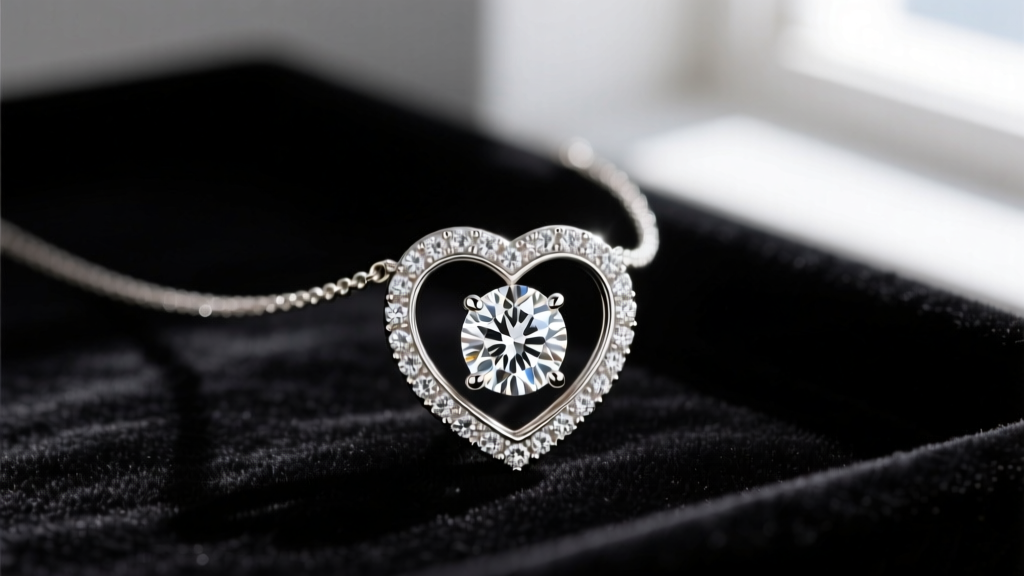 Close-up of a sparkling heart halo pendant collier necklace in 18k white gold with a lab-grown diamond center on dark velvet.