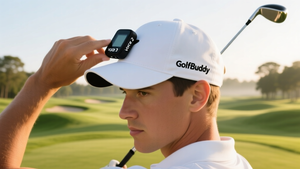 Golfer clipping a black GolfBuddy Voice 2 audio GPS device onto the brim of a white golf hat on a sunny morning course