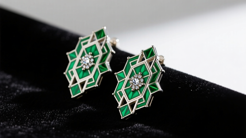 Macro shot of vintage green Art Deco earrings with geometric guilloché enamel and marcasite accents resting on dark velvet fabric