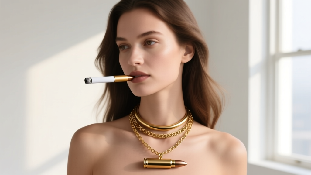 Model wearing a layered necklace stack featuring a brass bullet-style cigarette holder pendant and a delicate gold paperclip chain