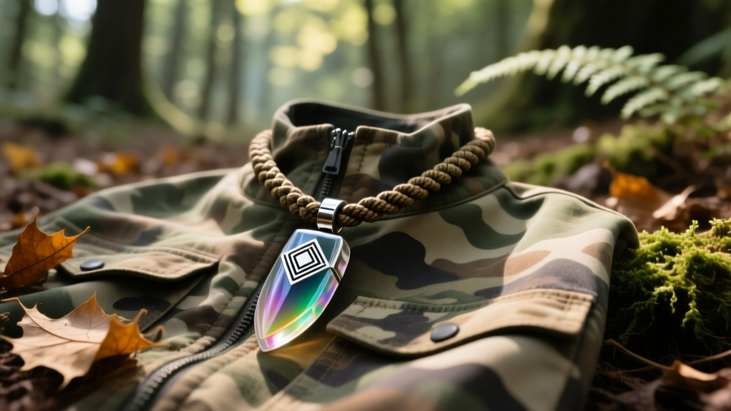 Machined acrylic duck call pendant on a braided paracord necklace resting on a camo hunting jacket in natural forest lighting.