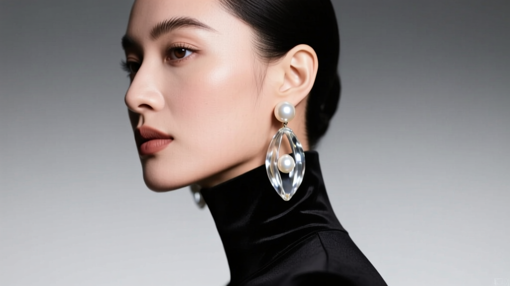 Side profile of a woman wearing large glass pearl chandelier earrings and a black turtleneck, lit by soft studio light.