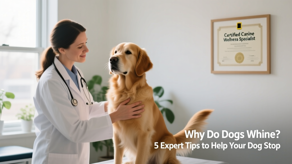 A veterinarian gently examining a calm dog during a wellness checkup, with soft lighting and a reassuring environment