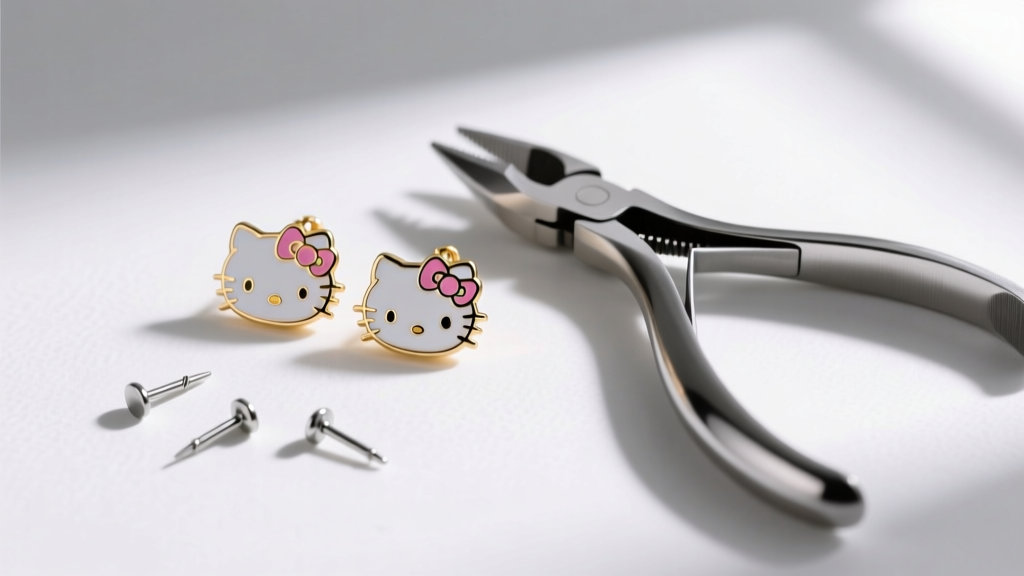 Flat lay of jewelry pliers, a pair of enameled Hello Kitty earring charms, and loose 20-gauge implant-grade titanium earring posts.