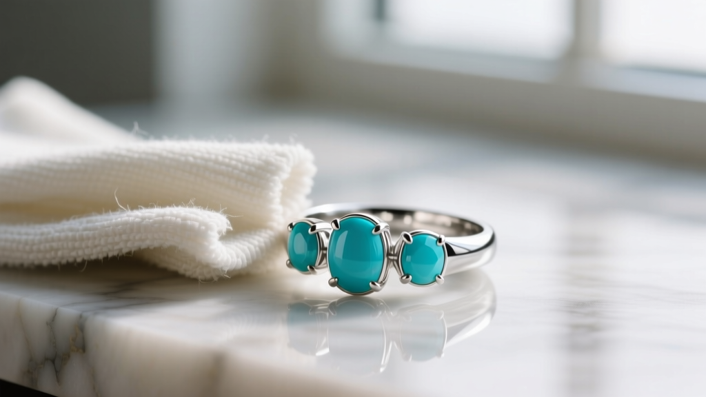 Macro shot of a microfiber cloth gently wiping a rhodium-plated zinc alloy cocktail ring with faux turquoise cabochon stones