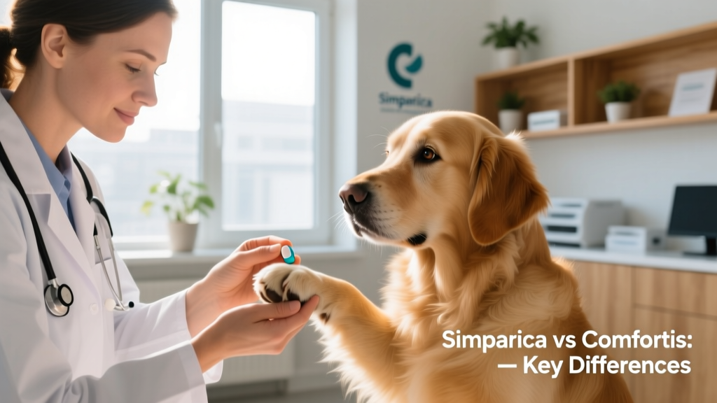 Veterinarian holding a dog’s paw while preparing a Simparica tablet