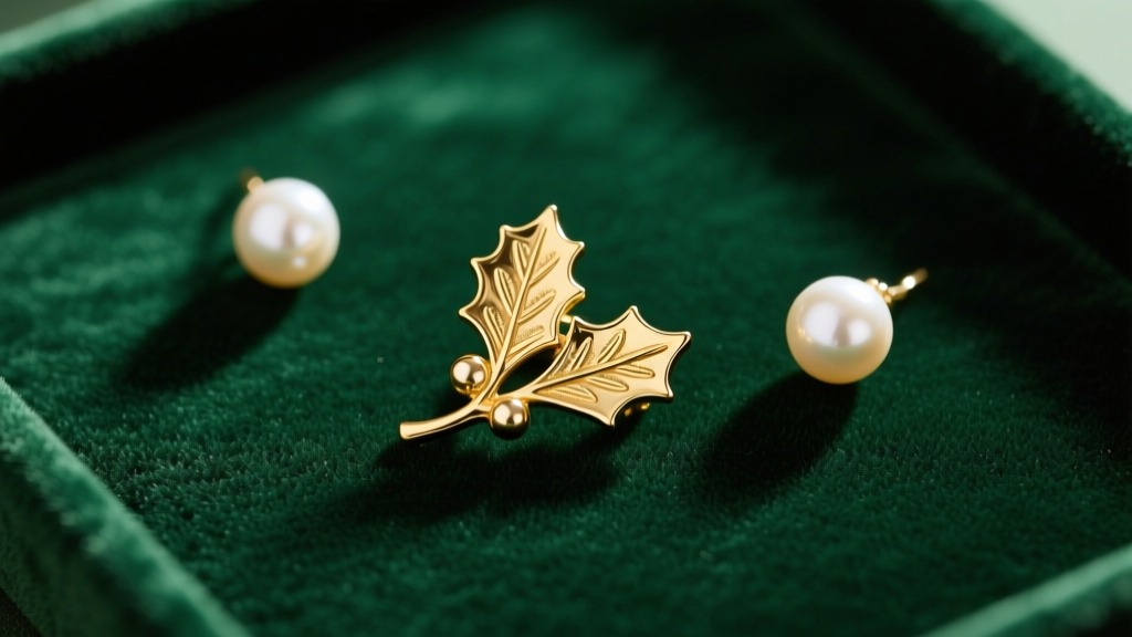 Flat lay of vintage Christmas jewelry with a gold holly leaf brooch and pearl earrings on dark green velvet under soft lighting