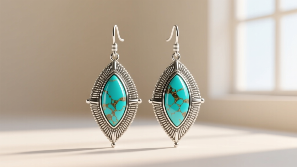 Zuni needlepoint dangle earrings with pointed turquoise cabochons in silver bezels, photographed against a neutral cream backdrop.