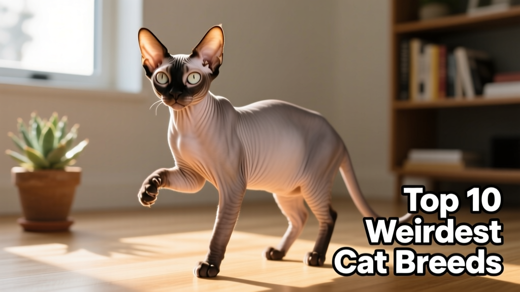 A sleek, elegant Peterbald cat with smooth skin and large, expressive ears
