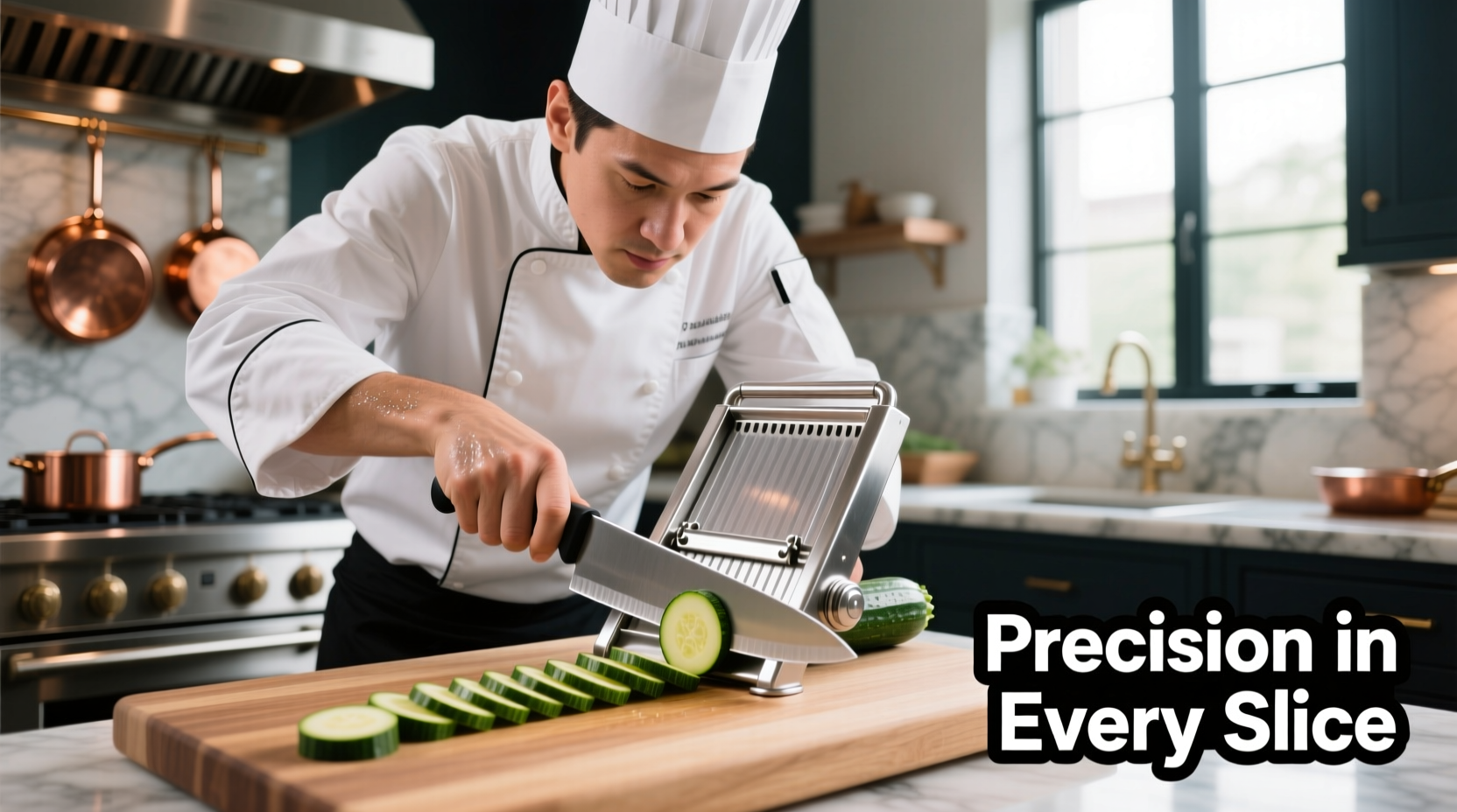 Professional chef using mandoline slicer with safety guard