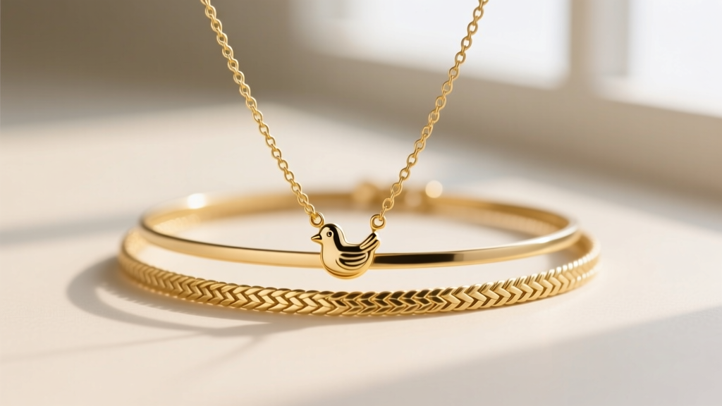 Layered necklace stack featuring a 1.2mm gold cable chain with a small chick pendant beside a flat 18k gold herringbone chain.