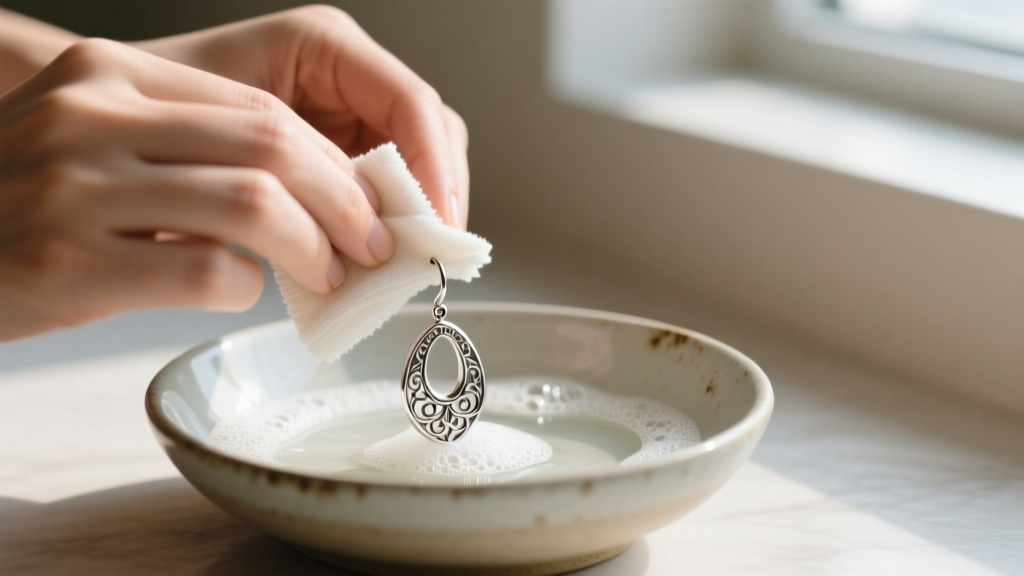 Hands gently scrubbing a tarnished silver drop earring with a soft microfiber cloth and mild soapy water in a small ceramic bowl