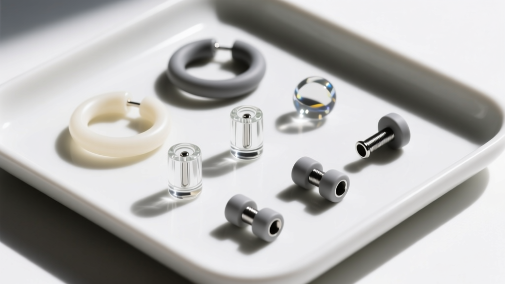 Top-down view of a tray displaying flexible PTFE retainers, clear glass plugs, and threadless matte ends for stealth ear jewelry.