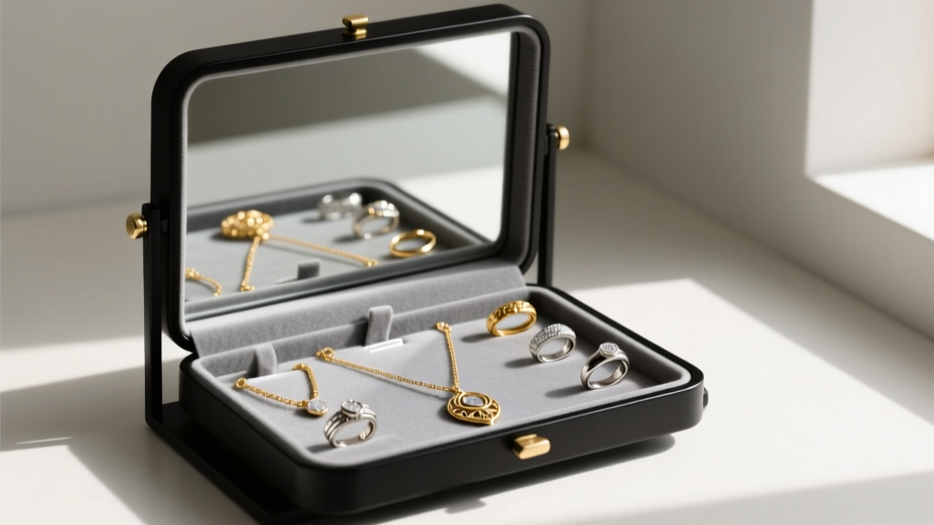 Freestanding mirror jewelry holder with black metal frame, opened to show gold necklaces and silver rings on grey velvet.